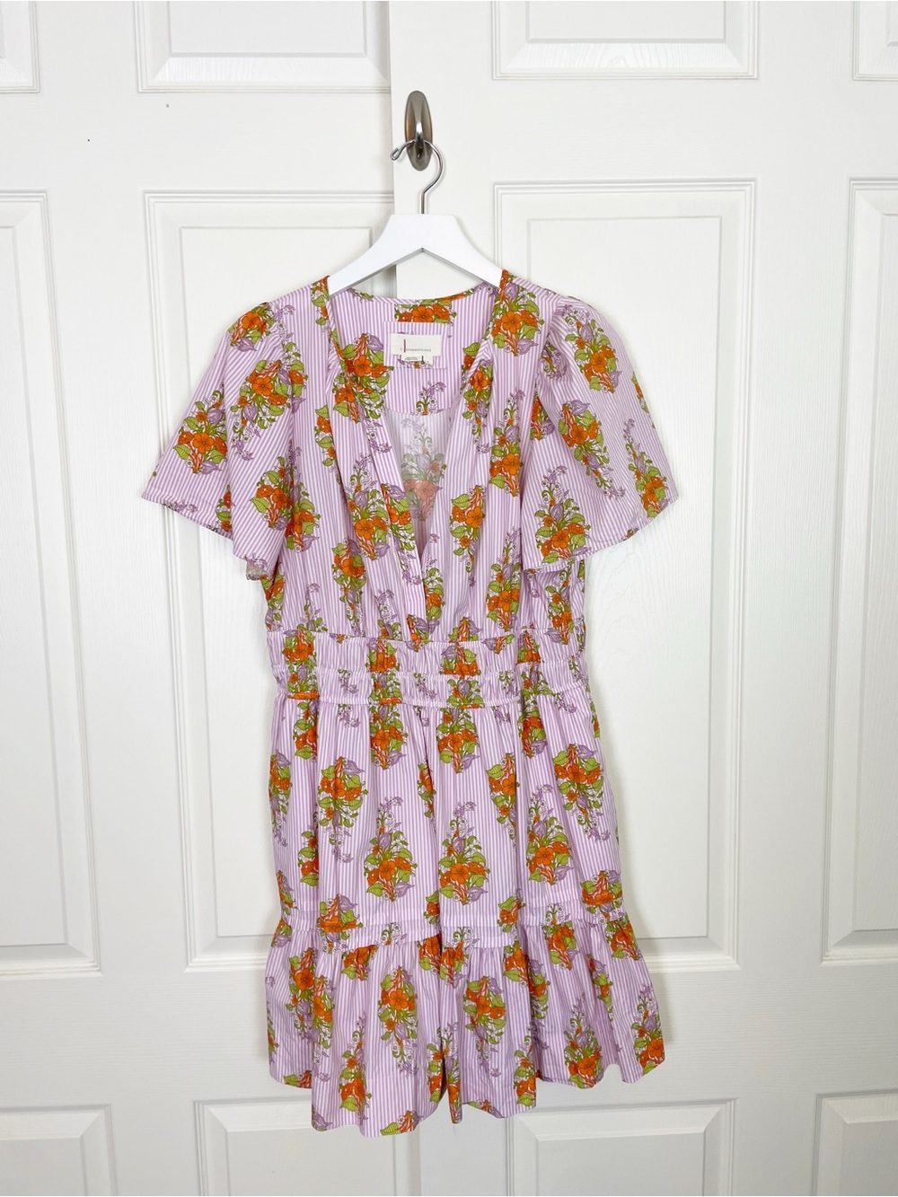 Anthropologie Somerset Lavender Stripe Floral Mini Dress Cotton Poplin Sz L - Picture 2 of 11